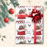 Chocolate Labrador Retriever Puppy in Gift Bag Wrapping Paper<br><div class="desc">The repeated pattern on this cute Christmas wrapping paper is an image of an adorable Chocolate Labrador Retriever puppy peeking out from a red and white Holiday gift bag. Behind him is a sprig of holly and red berries. A red and black bullfinch bird is about to land. Stylised red...</div>