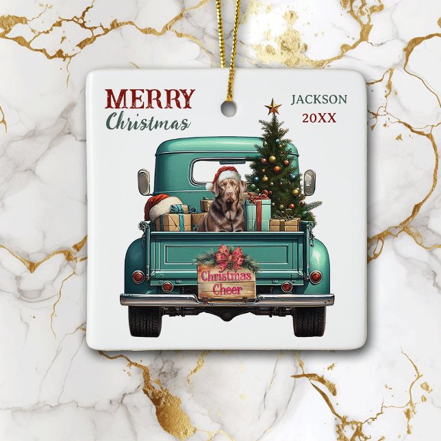 Chocolate Labrador Retriever Retro Truck Christmas Ceramic Ornament (Creator Uploaded)