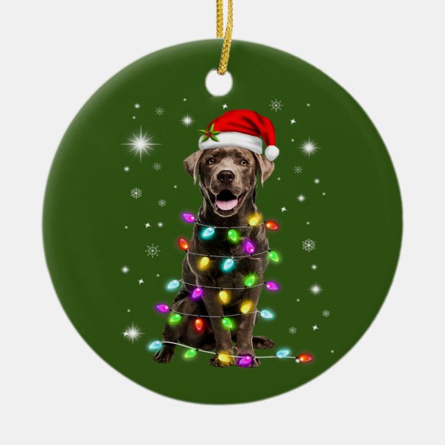 Chocolate Labrador Santa Hat Christmas Fairy Light Ceramic Tree Decoration (Front)