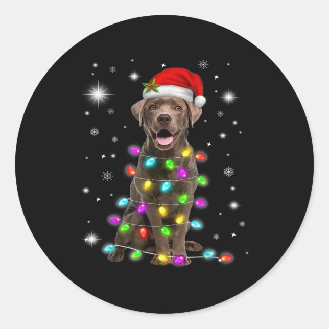 Chocolate Labrador Santa Hat Christmas Fairy Light Classic Round Sticker (Front)