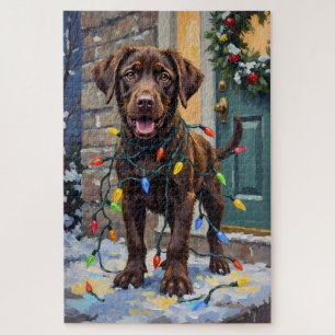 Chocolate Labrador Tangled in Christmas Lights Jigsaw Puzzle