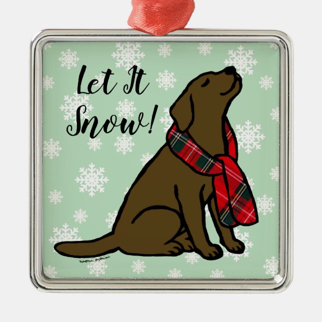 Chocolate Labrador Tartan Scarf Metal Tree Decoration (Front)