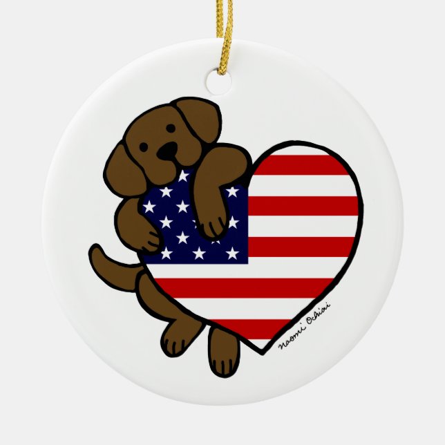 Chocolate Labrador & US Flag Heart 2 Cartoon Ceramic Tree Decoration (Front)