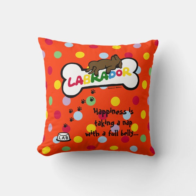 Chocolate Labrador with a full belly Cartoon Cushion (Front)