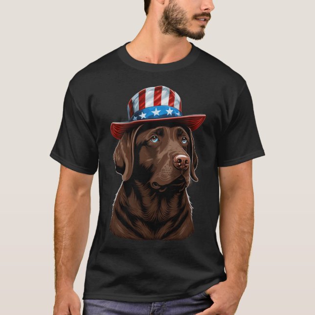 Chocolate Labrador With USA American Hat On T-Shirt (Front)