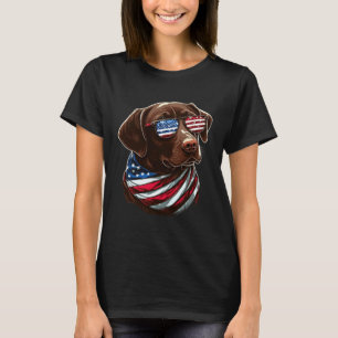 Chocolate Labrador With USA Sunglasses And Flag T-Shirt