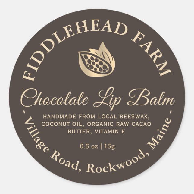 Chocolate Lip Balm Label Gold Cocoa Bean Handmade (Front)