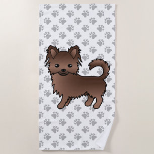 Chocolate Long Coat Chihuahua Cartoon Dog & Paws Beach Towel