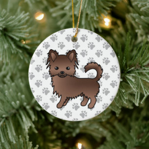 Chocolate Long Coat Chihuahua Cartoon Dog & Paws Ceramic Tree Decoration