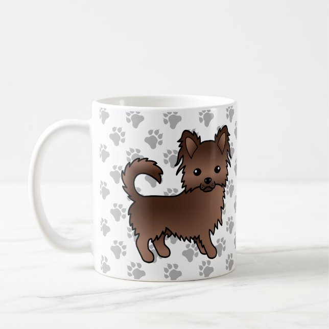 Chocolate Long Coat Chihuahua Cartoon Dog & Paws Coffee Mug (Left)