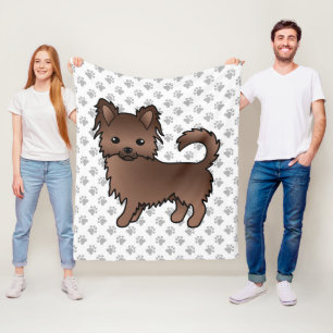 Chocolate Long Coat Chihuahua Cartoon Dog & Paws Fleece Blanket