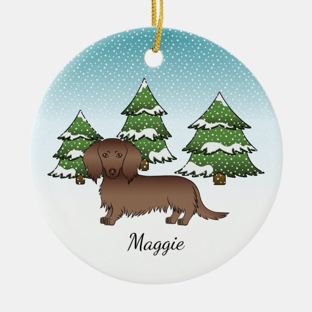 Chocolate Long Hair Cute Dachshund - Winter Forest Ceramic Tree Decoration (Front)