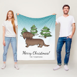 Chocolate Long Hair Cute Dachshund - Winter Forest Fleece Blanket