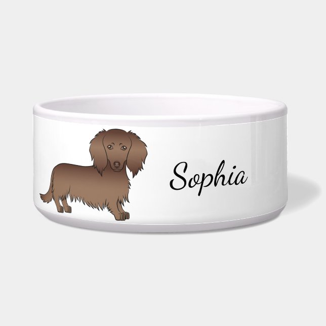 Chocolate Long Hair Dachshund Cartoon Dog & Name (Front)