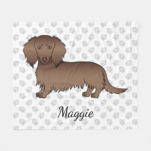 Chocolate Long Hair Dachshund Cartoon Dog & Name Fleece Blanket