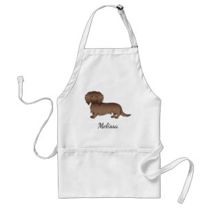 Chocolate Long Hair Dachshund Cartoon Dog & Name Standard Apron