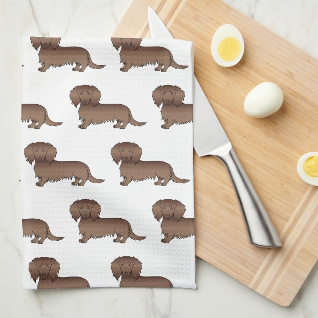 Chocolate Long Hair Dachshund Cartoon Dog Pattern Tea Towel (Quarter Fold)