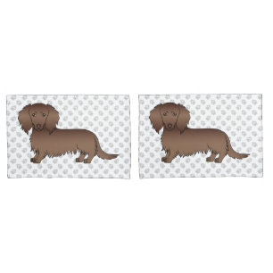 Chocolate Long Hair Dachshund Cartoon Dog & Paws Pillowcase