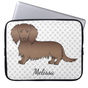 Chocolate Long Hair Dachshund Cartoon Dog & Text Laptop Sleeve