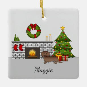 Chocolate Long Hair Dachshund - Christmas Room Ceramic Ornament