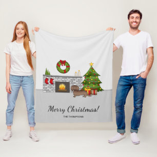 Chocolate Long Hair Dachshund - Christmas Room Fleece Blanket