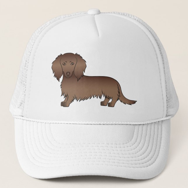 Chocolate Long Hair Dachshund Cute Cartoon Dog Trucker Hat (Front)