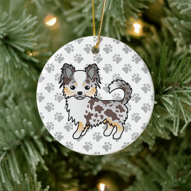 Chocolate Merle Long Coat Chihuahua Dog & Paws Ceramic Tree Decoration (Tree)
