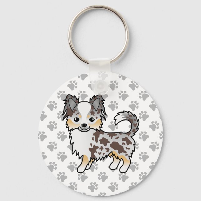 Chocolate Merle Long Coat Chihuahua Dog & Paws Key Ring (Front)