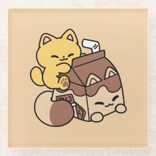 Chocolate Milk Sipping on Bliss – Kawaii Cat Food  Glass Coaster