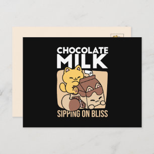 Chocolate Milk Sipping on Bliss – Kawaii Cat Food Holiday Postcard