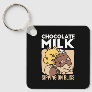 Chocolate Milk Sipping on Bliss – Kawaii Cat Food  Key Ring