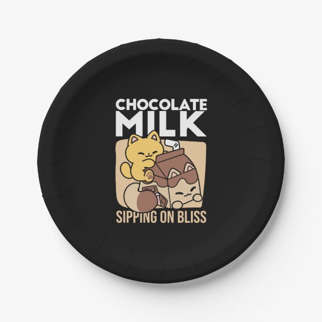 Chocolate Milk Sipping on Bliss – Kawaii Cat Food  Paper Plate (Front)