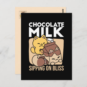 Chocolate Milk Sipping on Bliss – Kawaii Cat Food  Postcard