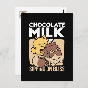 Chocolate Milk Sipping on Bliss – Kawaii Cat Food  Postcard