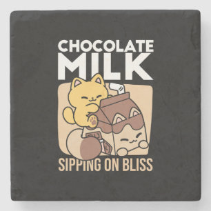 Chocolate Milk Sipping on Bliss – Kawaii Cat Food  Stone Coaster
