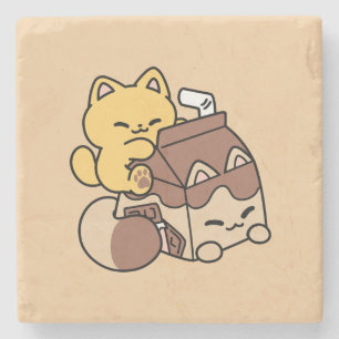 Chocolate Milk Sipping on Bliss – Kawaii Cat Food  Stone Coaster
