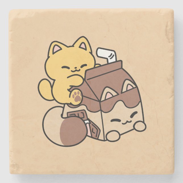 Chocolate Milk Sipping on Bliss – Kawaii Cat Food  Stone Coaster (Front)