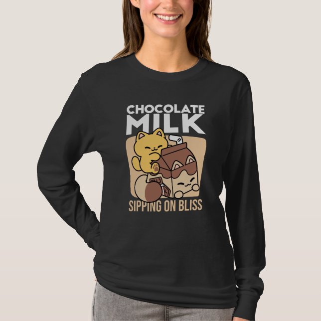 Chocolate Milk Sipping on Bliss – Kawaii Cat Food  T-Shirt (Front)