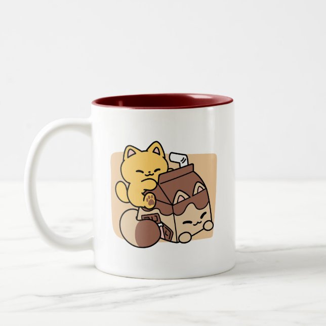 Chocolate Milk Sipping on Bliss – Kawaii Cat Food  Two-Tone Coffee Mug (Left)