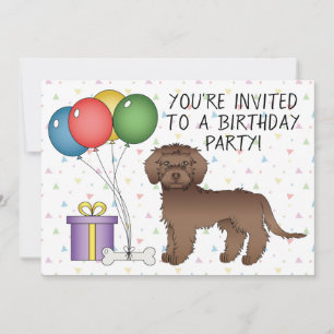 Chocolate Mini Goldendoodle Cartoon Dog Birthday Invitation