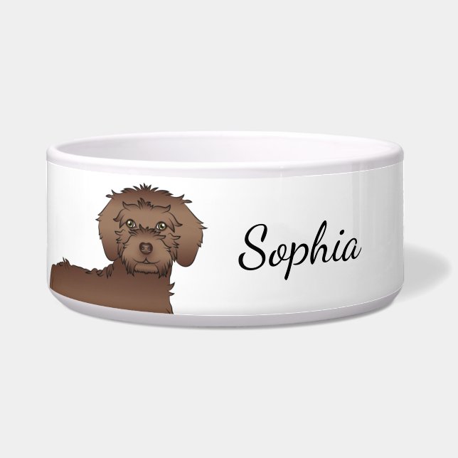 Chocolate Mini Goldendoodle Cartoon Dog & Name (Front)
