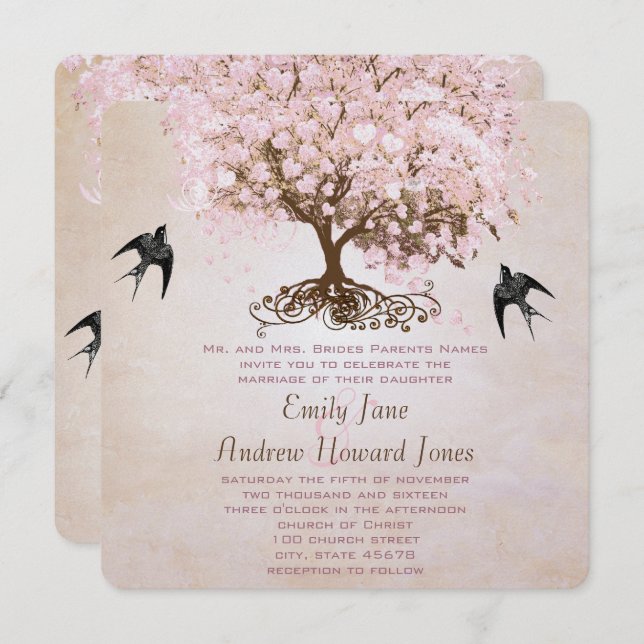 Chocolate Misty Pink Heart Leaf Tree Love Birds Invitation (Front/Back)
