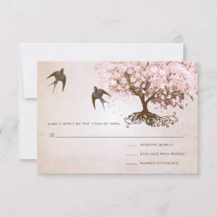 Chocolate Misty Pink Heart Leaf Tree Love Birds RSVP Card