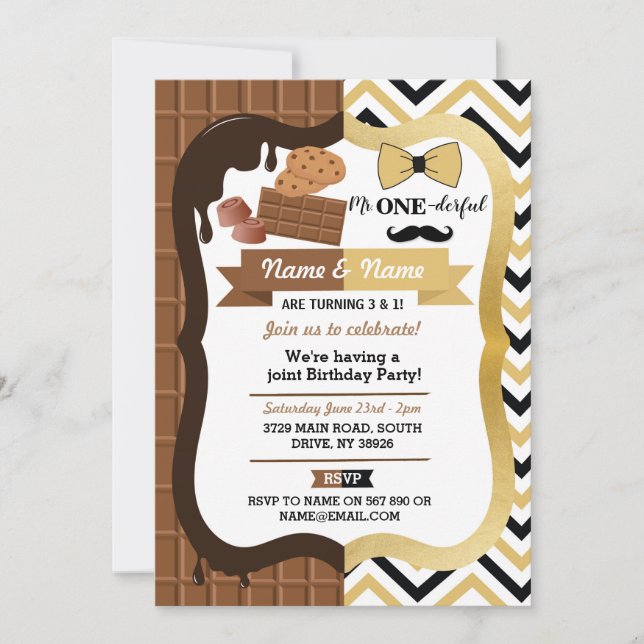 Chocolate & Mr One-derful First Birthday Joint Invitation (Front)
