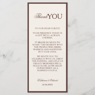 Chocolate Old Money Wedding Menu Thank You Note