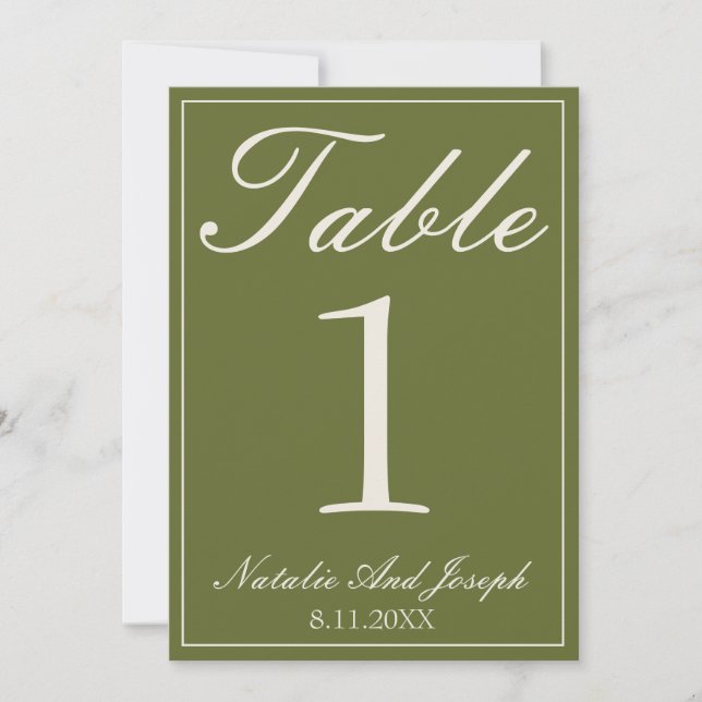 Chocolate Olive Green Money Wedding Table Number (Front)