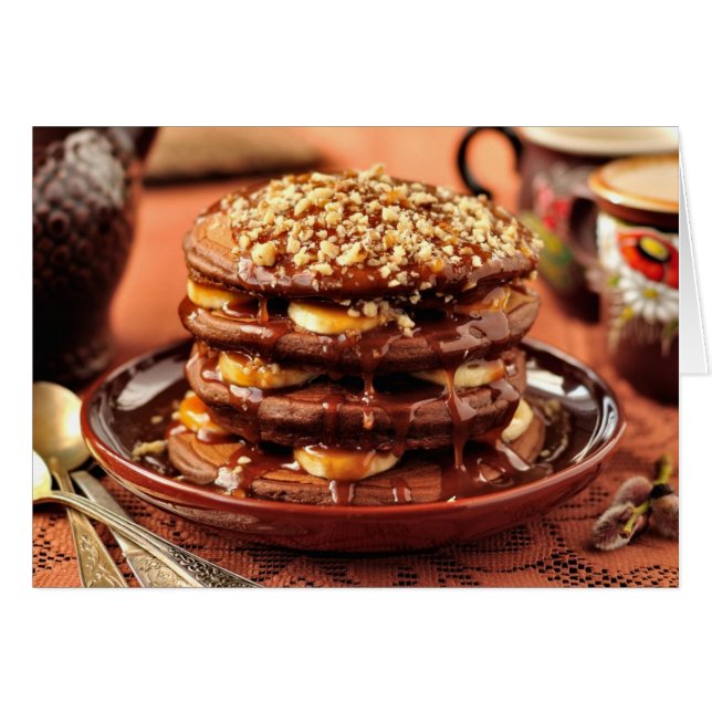 Chocolate Pancakes with Bananas and Caramel (Front Horizontal)
