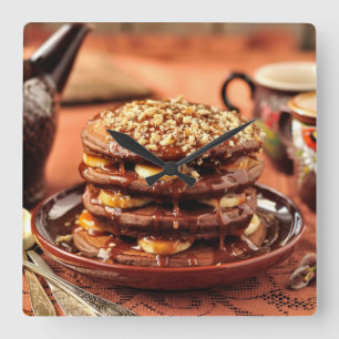 Chocolate Pancakes with Bananas and Caramel Square Wall Clock
