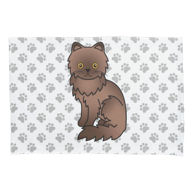 Chocolate Persian Cute Cartoon Cat & Paws Pillowcase (Front)