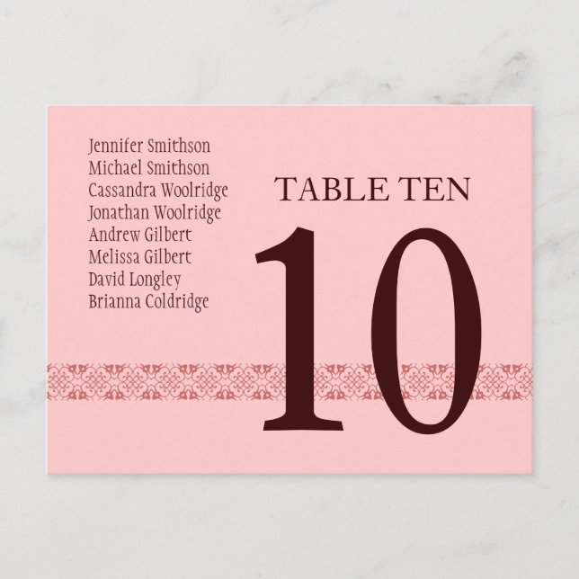 CHOCOLATE & PINK Table Number Card Reception (Front)